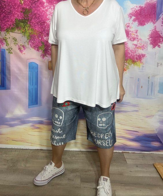 Top trapèze blanc manches courtes col V collection Les Basiques du Dressing du 40 au 54