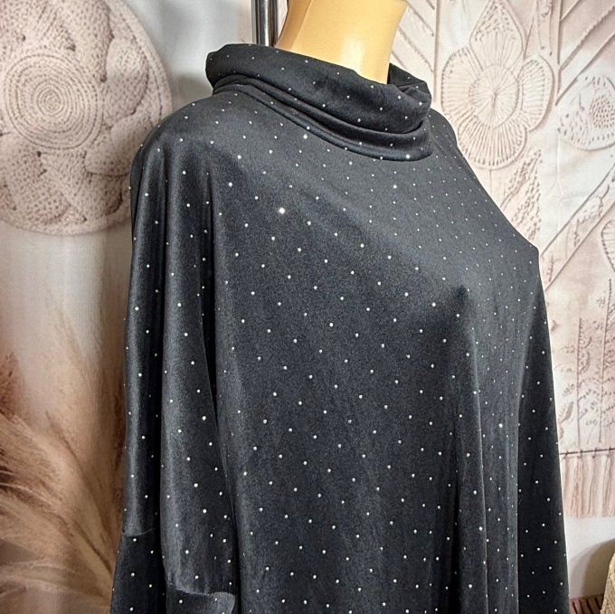 Robe ou tunique asymétrique velours ras noir strass paillettes argentées du 42 au 54/56