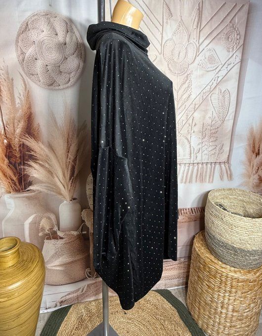 Robe ou tunique asymétrique velours ras noir strass paillettes argentées du 42 au 54/56
