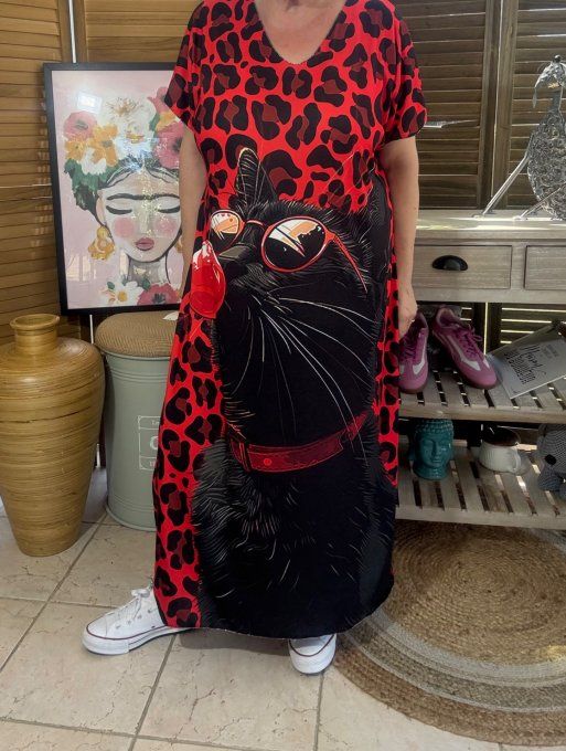 Robe longue Léopard rouge The Bubble Black Cat du 40 au 50 