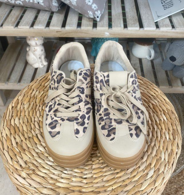 Baskets compensées à lacets suédine léopard & beige confort ++++ 