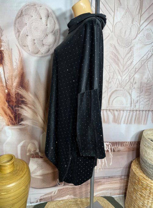 Robe ou tunique asymétrique velours ras noir strass paillettes argentées du 42 au 54/56