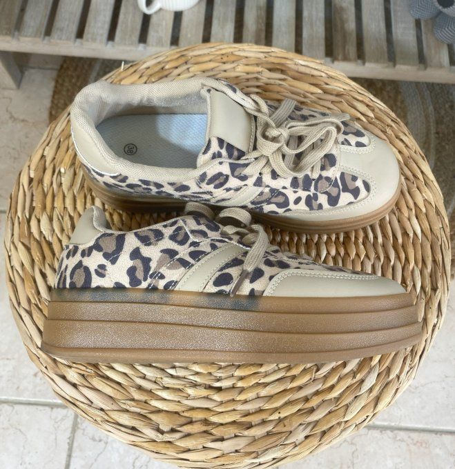 Baskets compensées à lacets suédine léopard & beige confort ++++ 