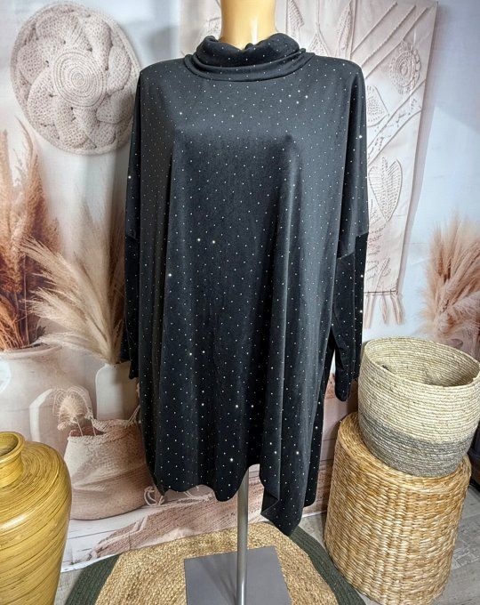 Robe ou tunique asymétrique velours ras noir strass paillettes argentées du 42 au 54/56