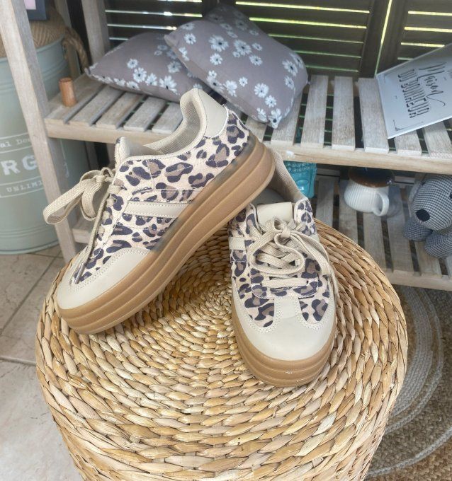 Baskets compensées à lacets suédine léopard & beige confort ++++ 