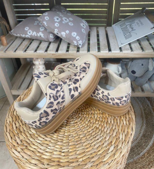 Baskets compensées à lacets suédine léopard & beige confort ++++ 