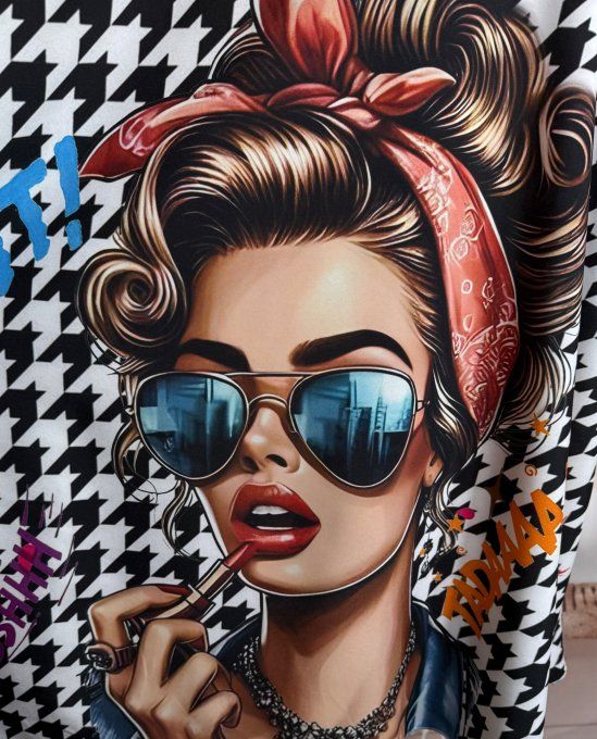 Tunique trapèze oversize pieds de coqs Pretty Pinup with Sunglasses du 42 au 54/56