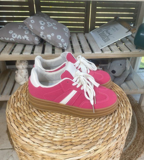 Baskets compensées à lacets suédine rose fuschia & blanc confort ++++ 