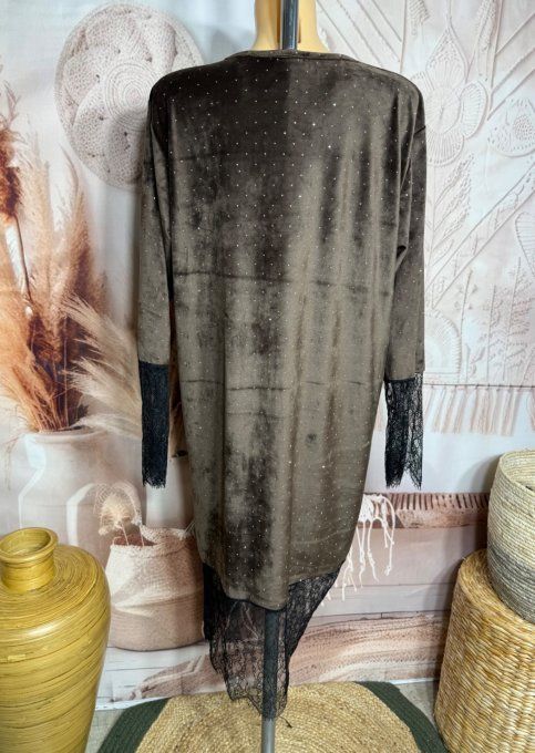 Robe asymétrique mi-longue velours chocolat dentelle noire strass argentés du 38 au 48/50