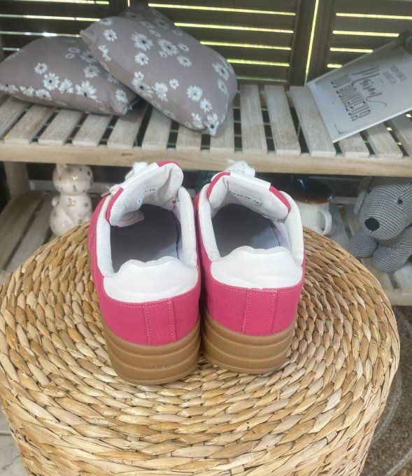 Baskets compensées à lacets suédine rose fuschia & blanc confort ++++ 