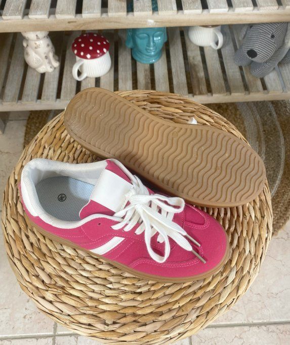 Baskets compensées à lacets suédine rose fuschia & blanc confort ++++ 
