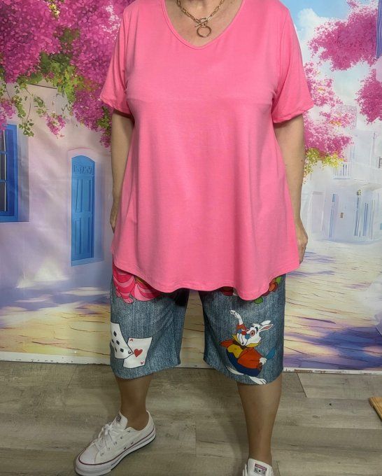 Top trapèze Rose Pivoine manches courtes col V collection Les Basiques du Dressing du 40 au 54