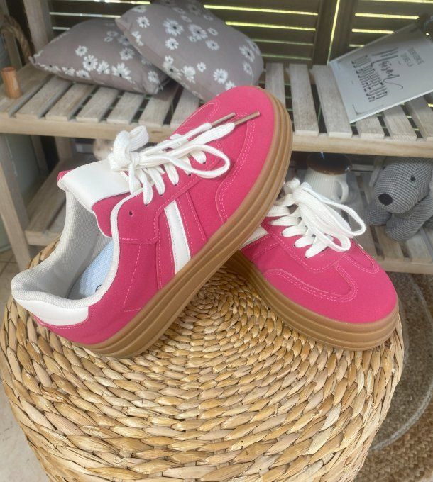 Baskets compensées à lacets suédine rose fuschia & blanc confort ++++ 