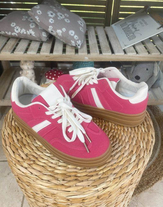 Baskets compensées à lacets suédine rose fuschia & blanc confort ++++ 