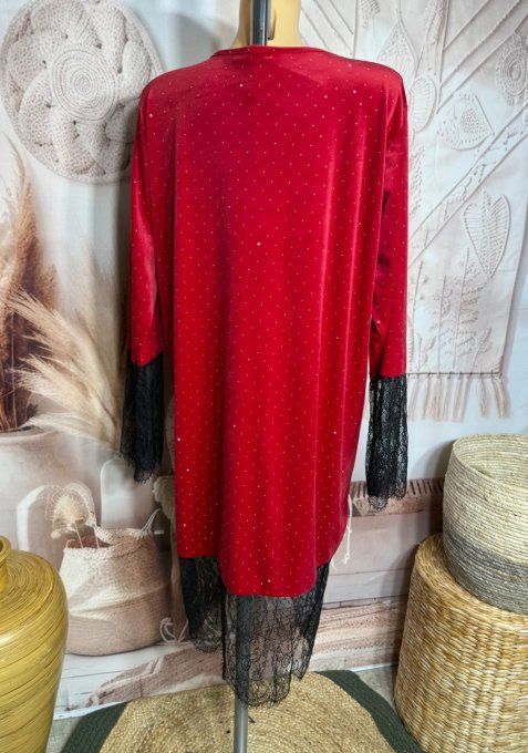 Robe asymétrique mi-longue velours rouge dentelle noire strass argentés du 38 au 48/50