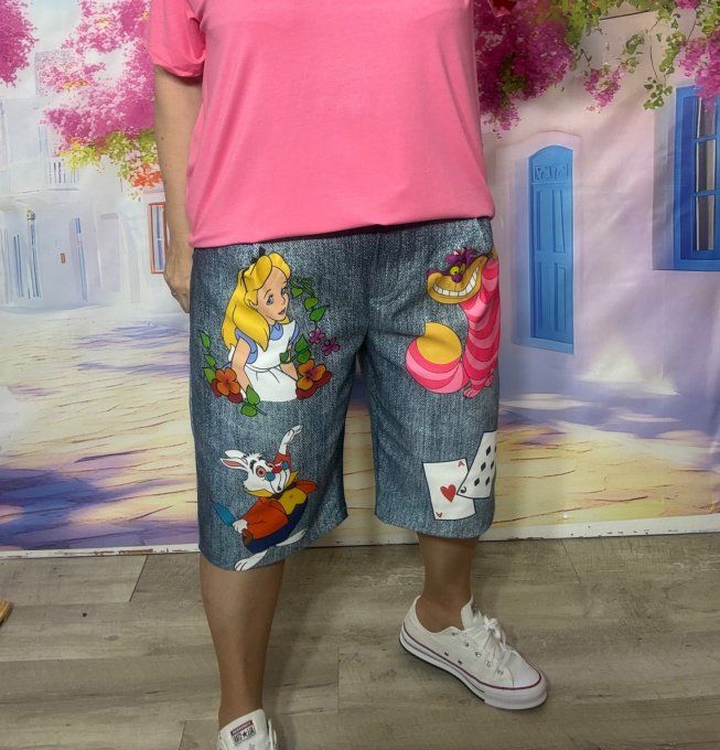 Bermuda / short long effet jeans stone grisé Alice au Pays des Merveilles stretch ++ du 38 au 50/52