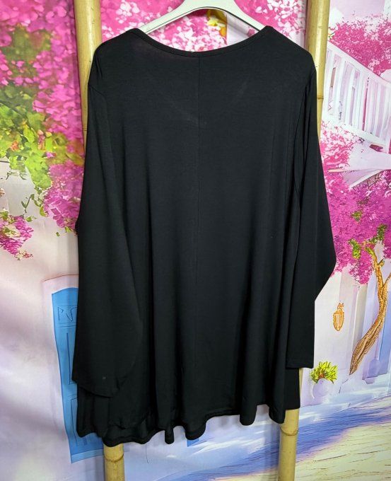 Tee-shirt Tunique trapèze noir manches longues col V collection Basiques du Dressing du 42 au 56
