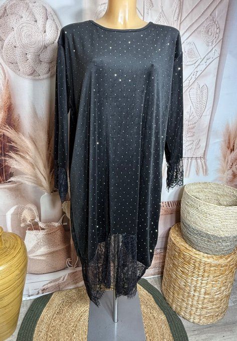 Robe asymétrique mi-longue velours noir dentelle noire strass argentés du 38 au 48/50