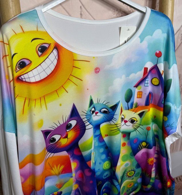 Top ample blanc manches longues La Famille Chats fleuris au Jardin du 40 au 52/54 