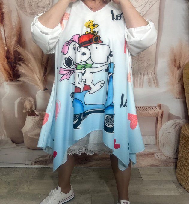 Tunique trapèze oversize blanche coeurs Snoopy et son amoureuse du 42 au 54/56 
