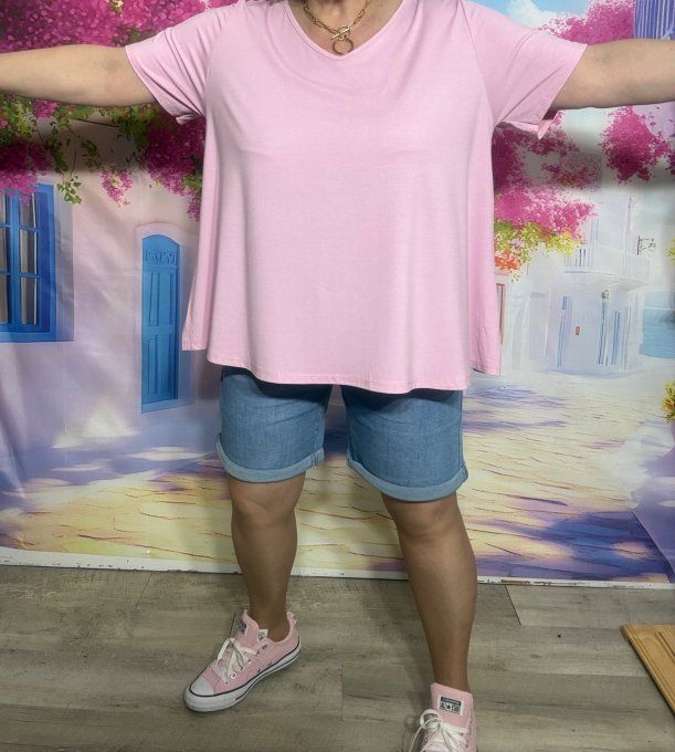 Top trapèze Rose poudré manches courtes col V collection Les Basiques du Dressing du 40 au 54