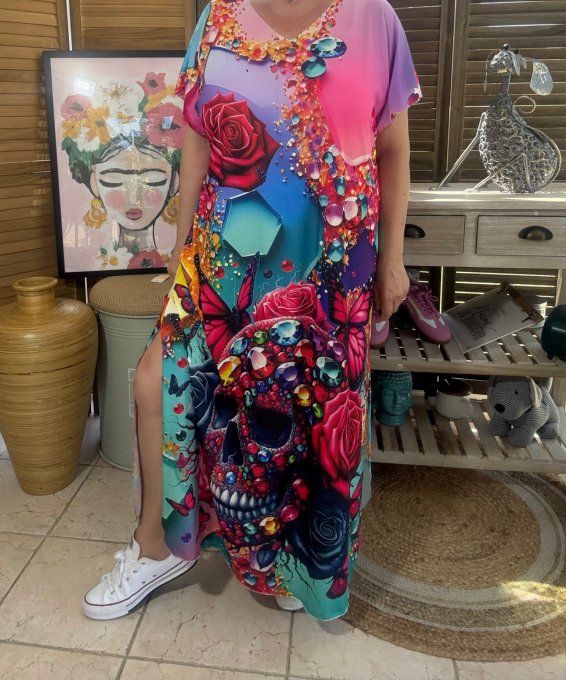 Robe longue multicolore Mexican Skulls Queen Calavera du 40 au 50 