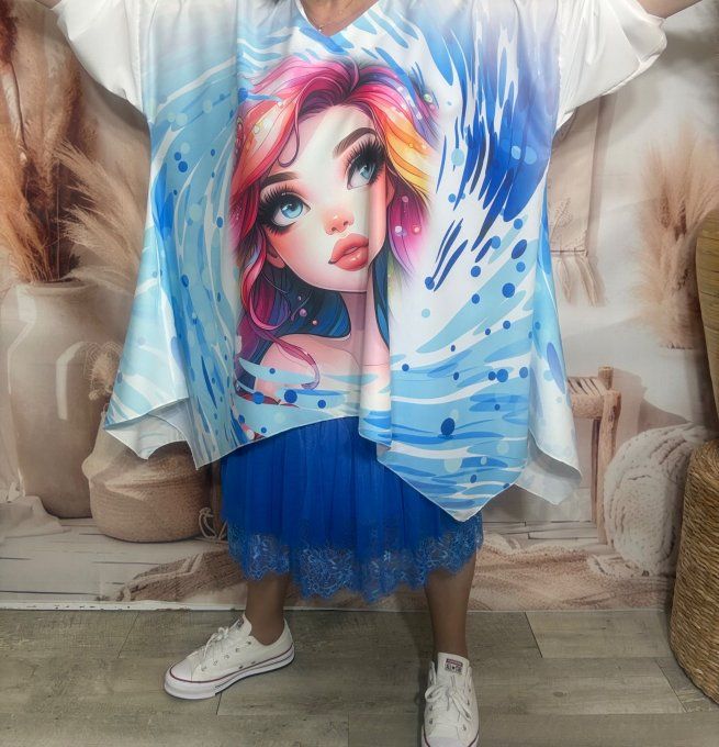 Tunique trapèze oversize bleu La Fillette aux cheveux Arc-en-ciel du 42 au 54/56 