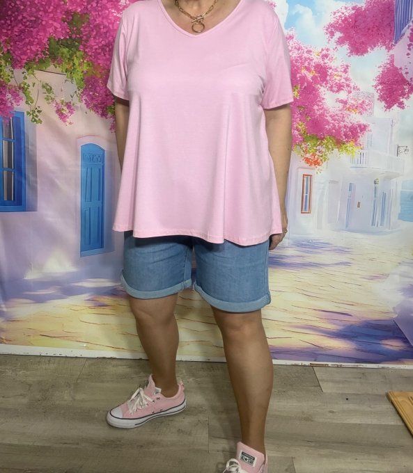 Top trapèze Rose poudré manches courtes col V collection Les Basiques du Dressing du 40 au 54