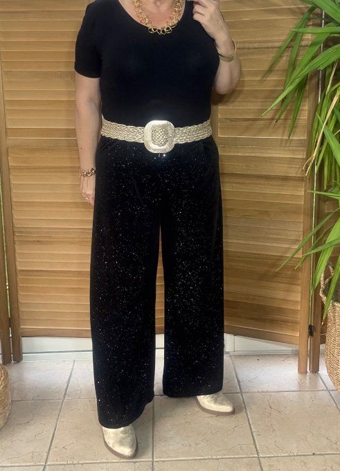 pantalon façon Palazzo velours noir strass paillettes argentées du 38 au 50