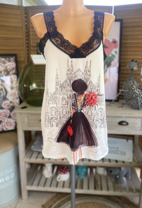 Caraco Débardeur Top trapèze satiné mat & dentelle La Parisienne devant Notre Dame du 40 au 52  