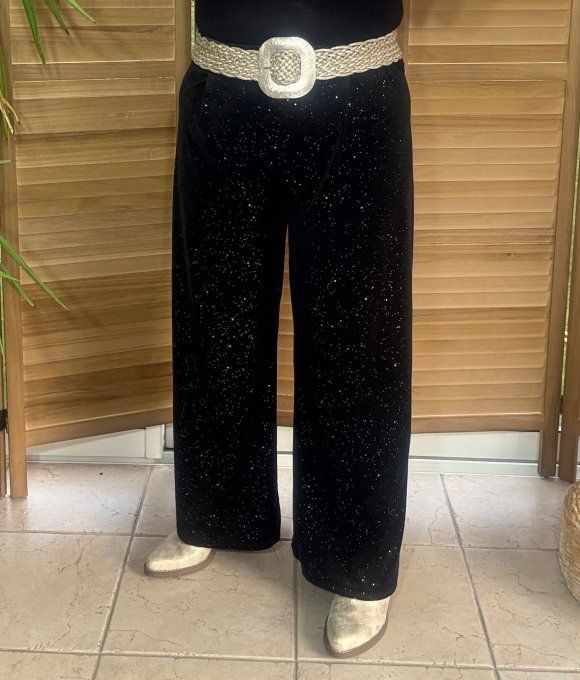 pantalon façon Palazzo velours noir strass paillettes argentées du 38 au 50