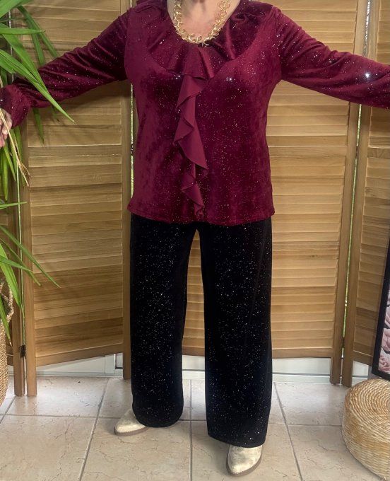 Blouse velours Grenat col volanté strass paillettes argentées du 34 au 44/46