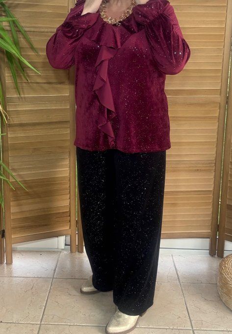 Blouse velours Grenat col volanté strass paillettes argentées du 34 au 44/46