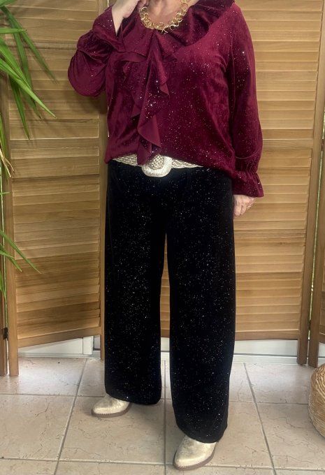 Blouse velours Grenat col volanté strass paillettes argentées du 34 au 44/46