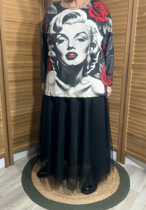 Pull fin ample noir Marilyn Monroe & Roses Rouges douceur +++ du 40 au 52 