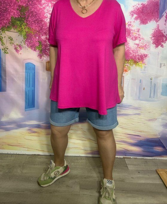 Top trapèze Fuschia manches courtes col V collection Les Basiques du Dressing du 40 au 54