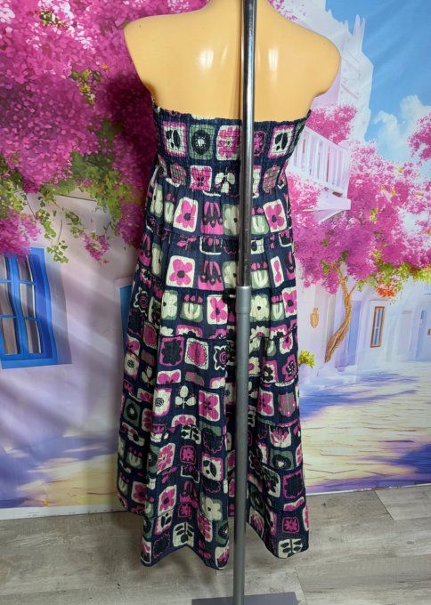 Robe bustier OU jupe longue smockée marine façon Patchwork Bohème Chic du 38 au 48 
