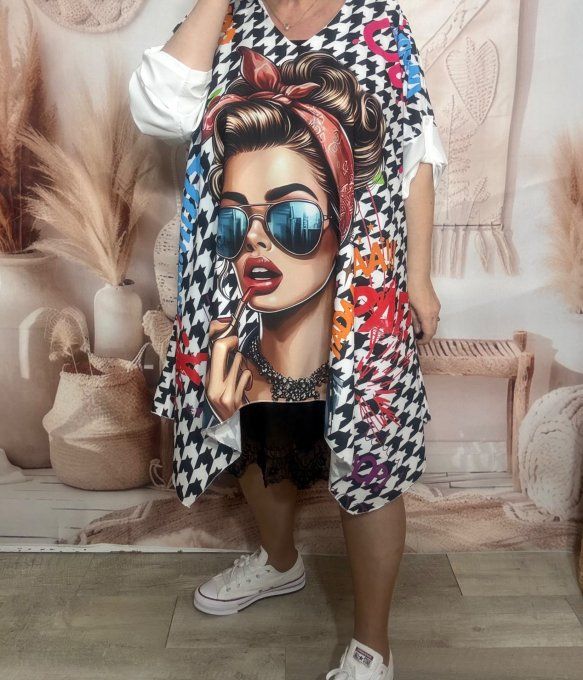 Tunique trapèze oversize pieds de coqs Pretty Pinup with Sunglasses du 42 au 54/56