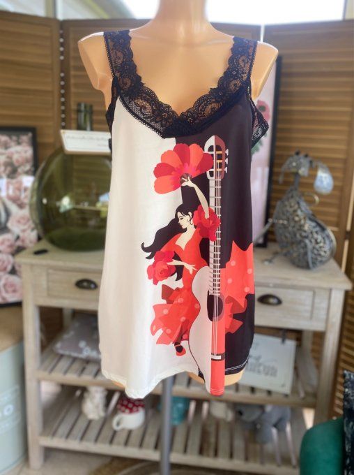 Caraco Débardeur Top trapèze satiné mat & dentelle Flamenco du 40 au 52 