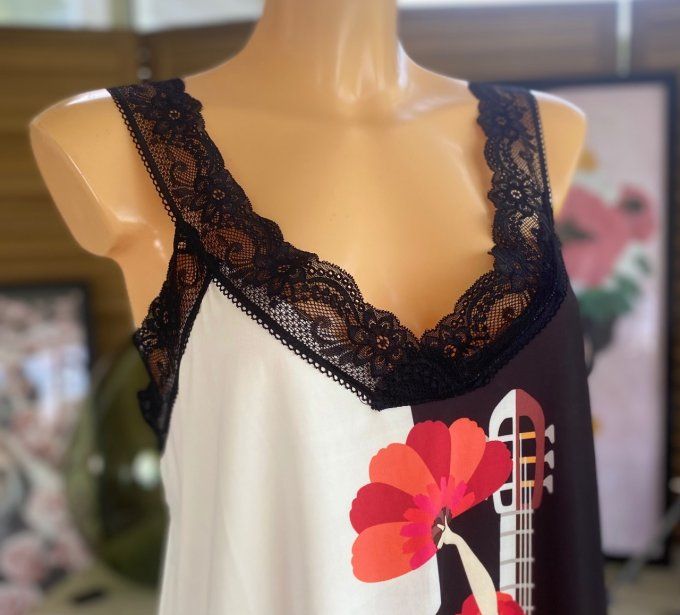 Caraco Débardeur Top trapèze satiné mat & dentelle Flamenco du 40 au 52 