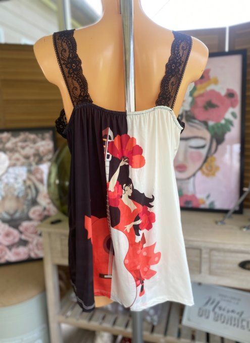Caraco Débardeur Top trapèze satiné mat & dentelle Flamenco du 40 au 52 