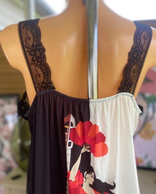 Caraco Débardeur Top trapèze satiné mat & dentelle Flamenco du 40 au 52 
