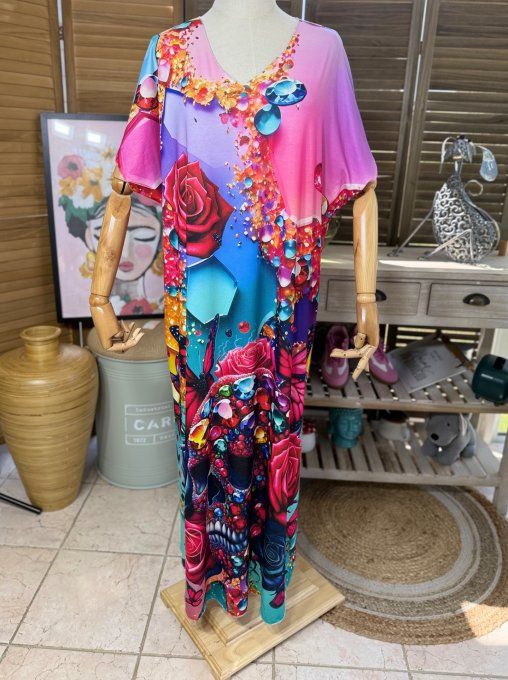 Robe longue multicolore Mexican Skulls Queen Calavera du 40 au 50 