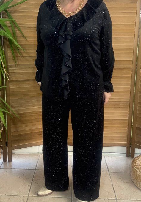 Blouse velours noir col volanté strass paillettes argentées du 34 au 44/46