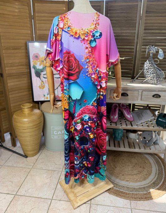 Robe longue multicolore Mexican Skulls Queen Calavera du 40 au 50 