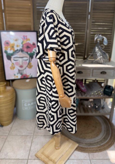 Robe trapèze asymétrique noire et beige Ethnique Mosaïque du 40 au 52/54  