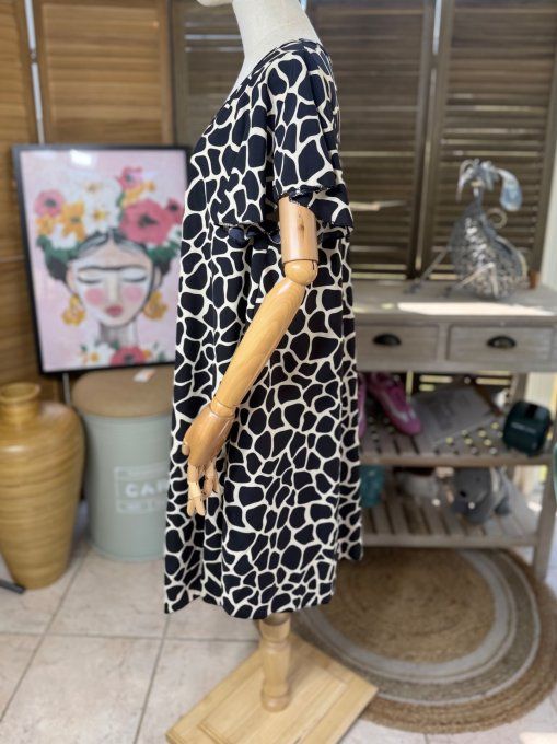 Robe trapèze asymétrique noire et beige Ethnique Girafe du 40 au 52/54 