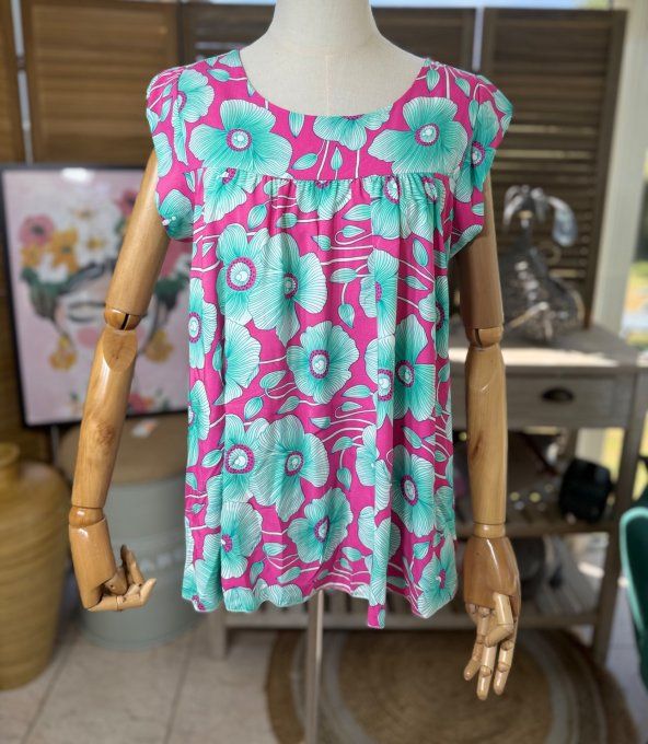 Blouse courte trapèze manches volantées tons fuschia & vert d'eau du 36 au 46/48
