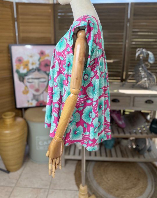 Blouse courte trapèze manches volantées tons fuschia & vert d'eau du 36 au 46/48