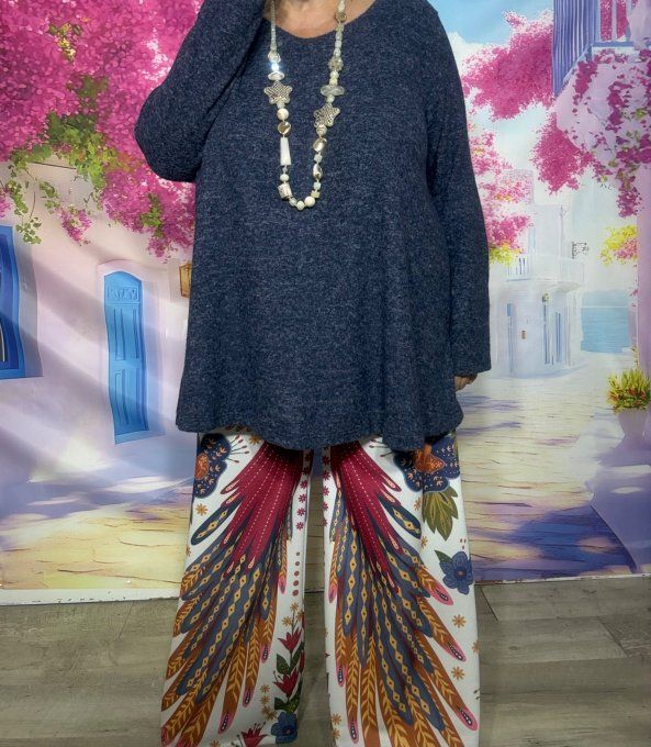 Pull fin façon Tunique trapèze marine chiné aspect laine manches longues col V du 42 au 54
